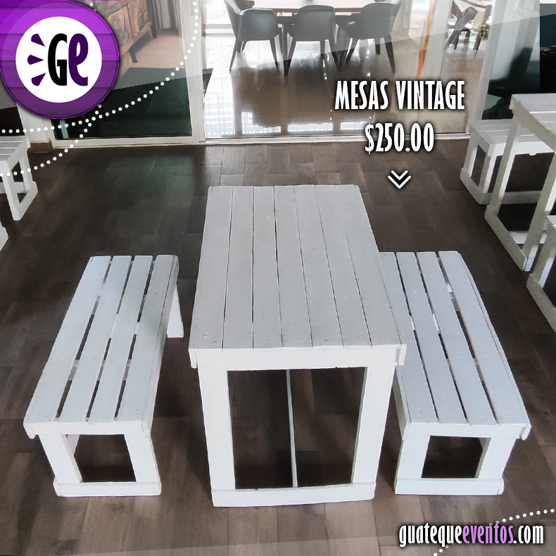 Mesa vintage con dos bancas 